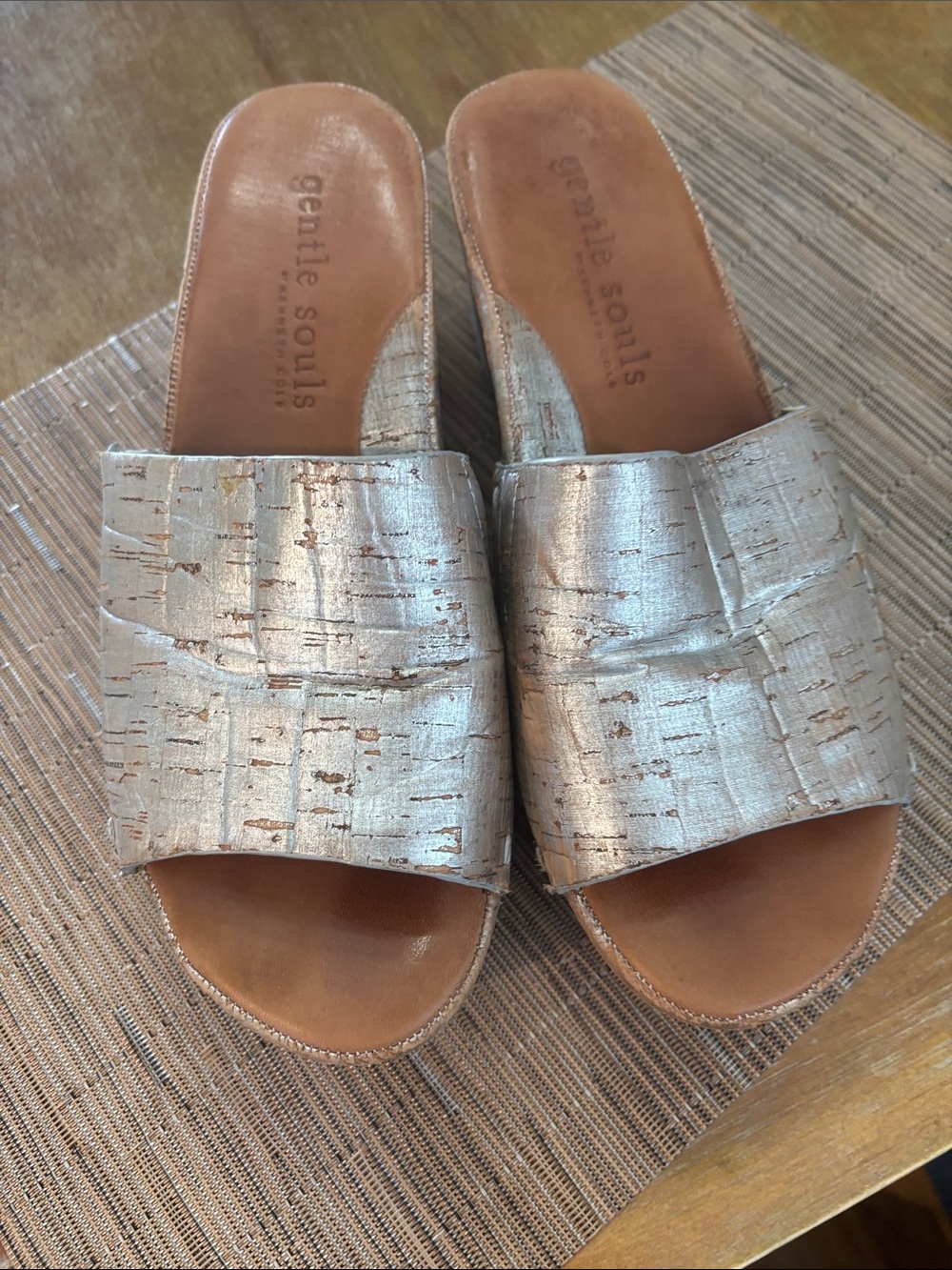 gentle souls Silver Cork-Textured Slide Wedges size 8